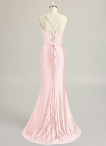 Trumpet/Mermaid Sweetheart Sweep Train Silky Satin Prom Dresses With Beading Sequins Pleated